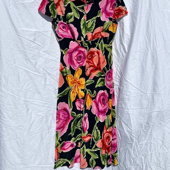 Vintage 90s Floral 100% Silk Midi Dress with Floral Rosette Bias Cut - Picture 6 of 6